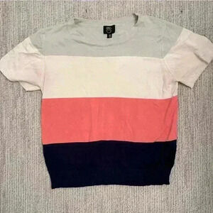 Small striped shirt navy salmon, cream and green top